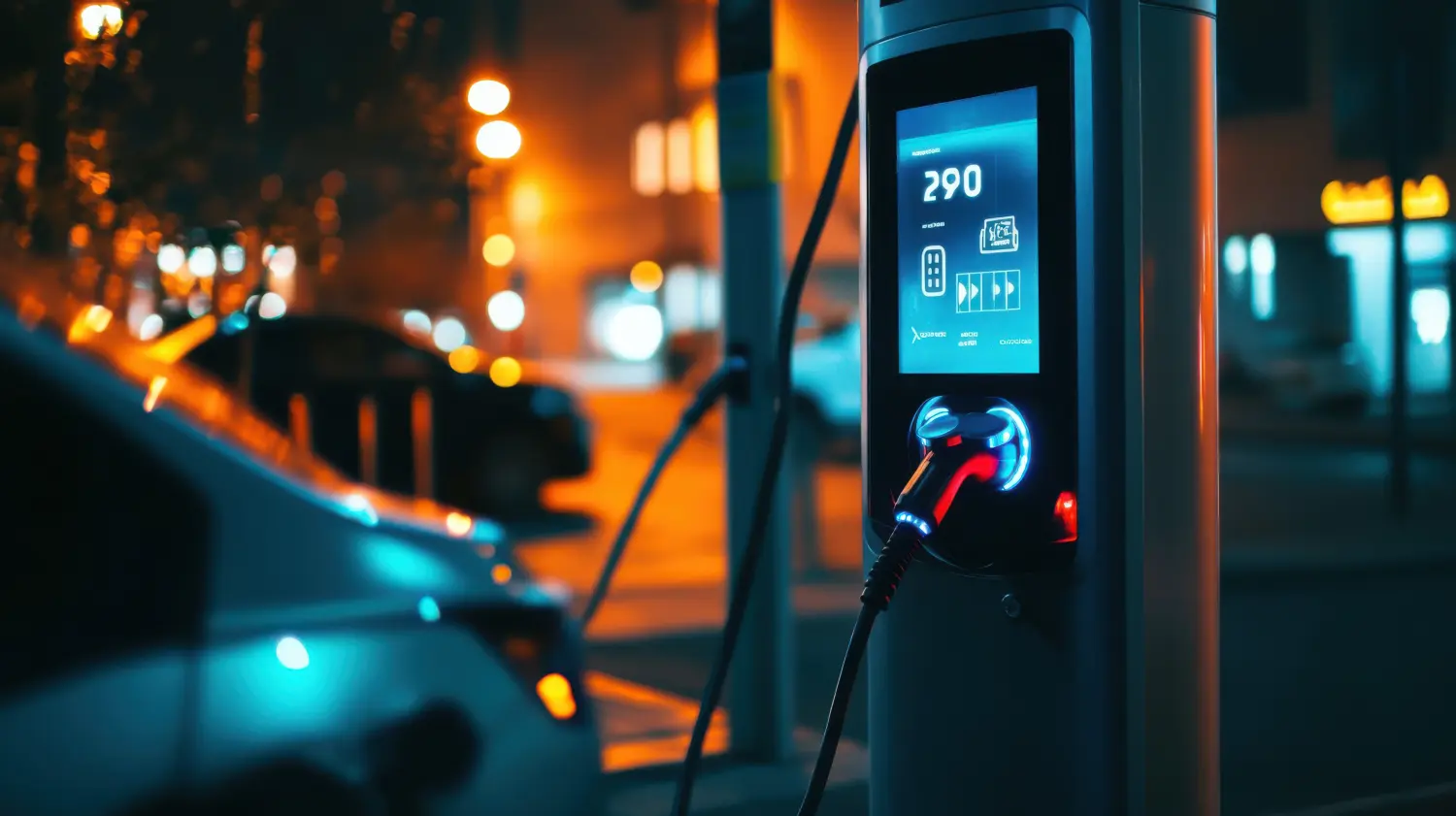 Eine Ladestation für Elektrofahrzeuge mit einem digitalen Bildschirm, der Informationen zur Ladegeschwindigkeit anzeigt